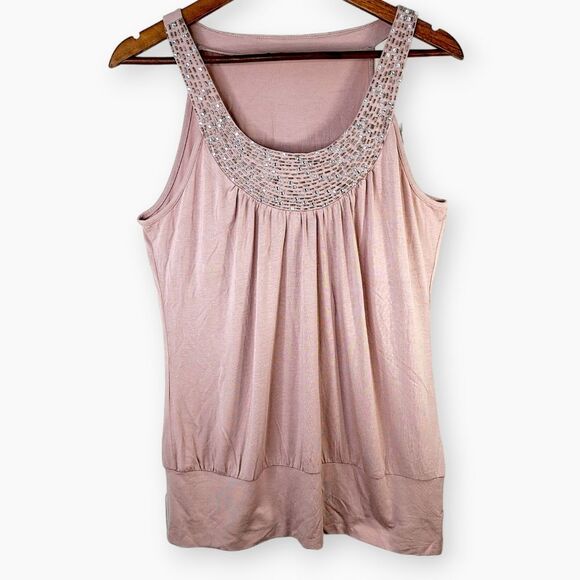 Cable & Gauge Pink Beaded Scoop Neck Tank Top Crystal Collar Sz M - Picture 1 of 14